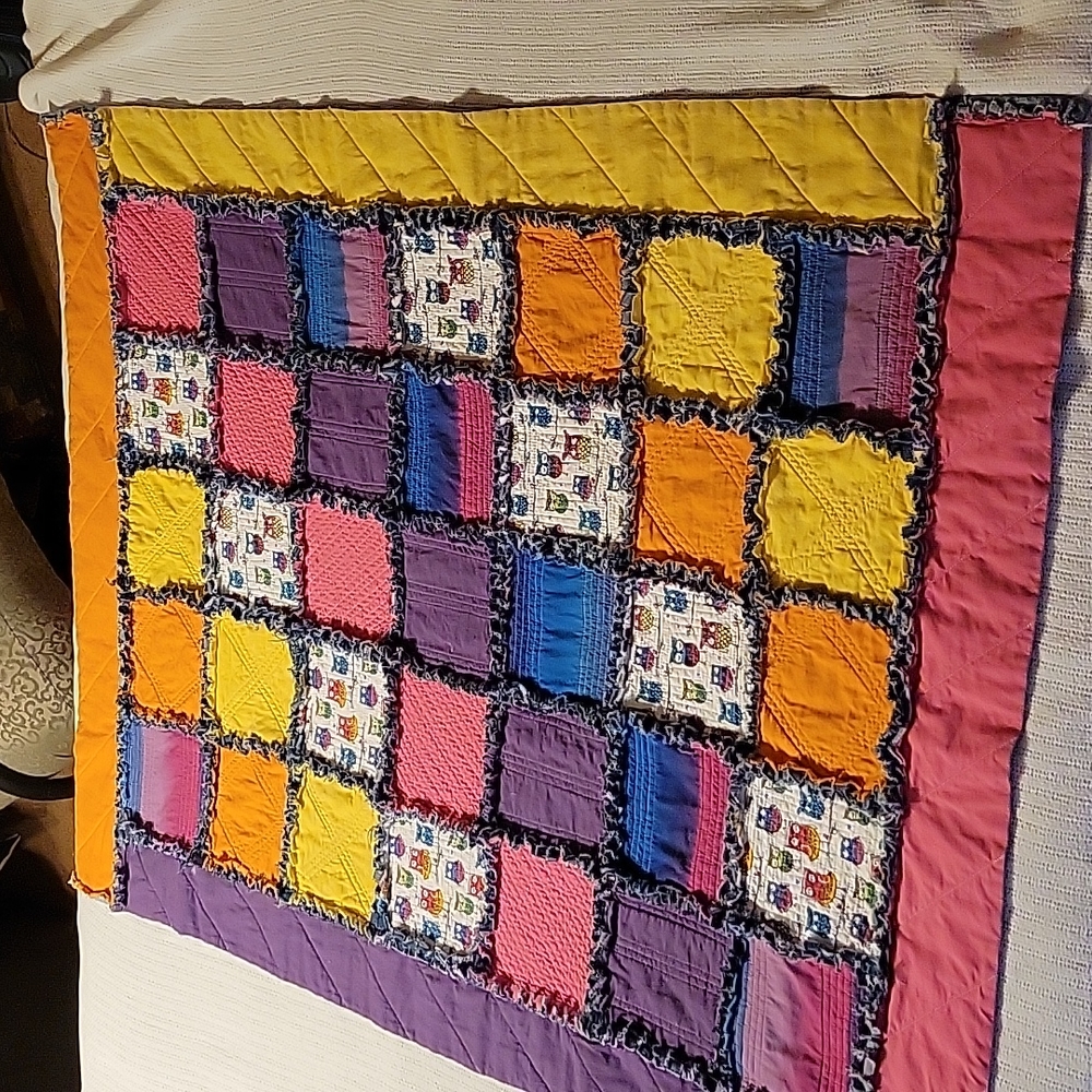 HAND CRAFTED Rag Quilt UPCYCLED Denim Blue Jeans Owl Cotton Fabric 55"x 41"